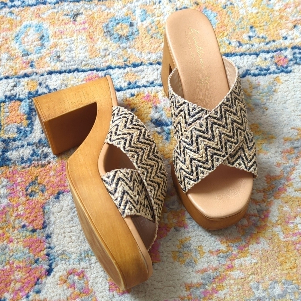 Avellini Woven Criss Cross Open Toe Slip On Heeled Platform Sandals Tan 9.5 - Picture 2 of 16